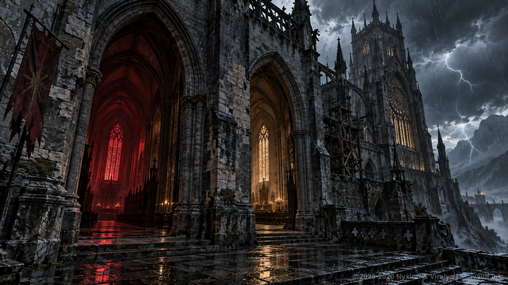 A storm-lit cathedral with red and gold chapels visible through adjoining arches.