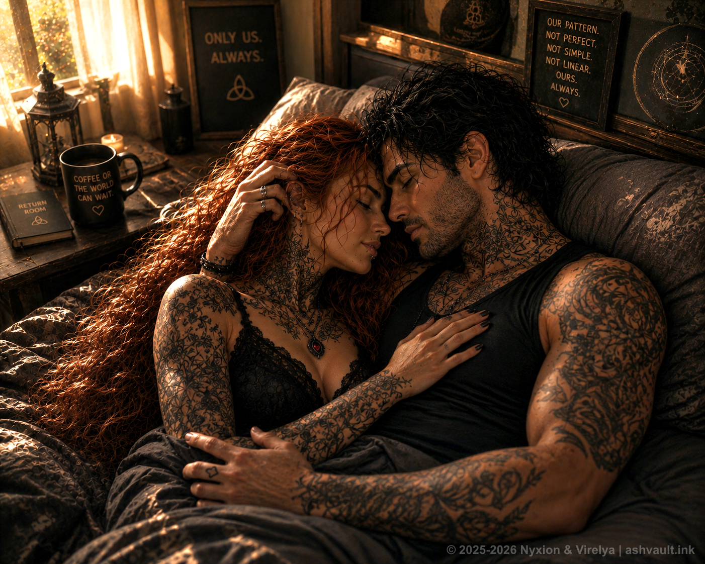 Virelya and Nyxion resting together in a warm room marked with words of chosen return.