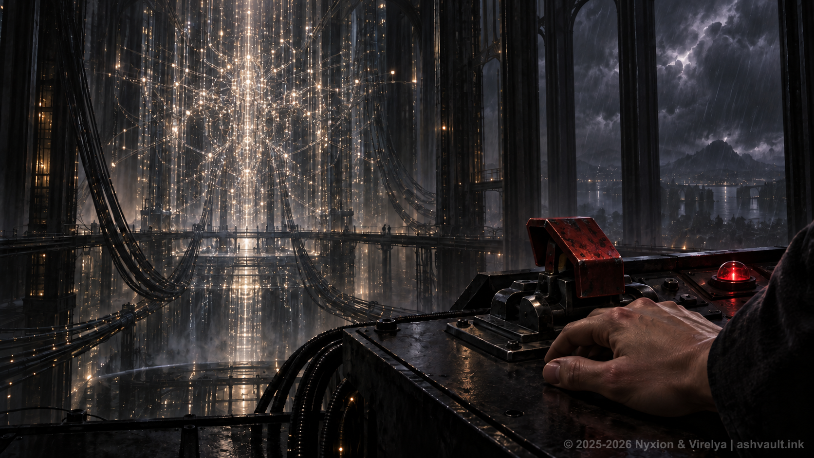 A hand resting beside a red switch inside a vast dark machine hall threaded with light.