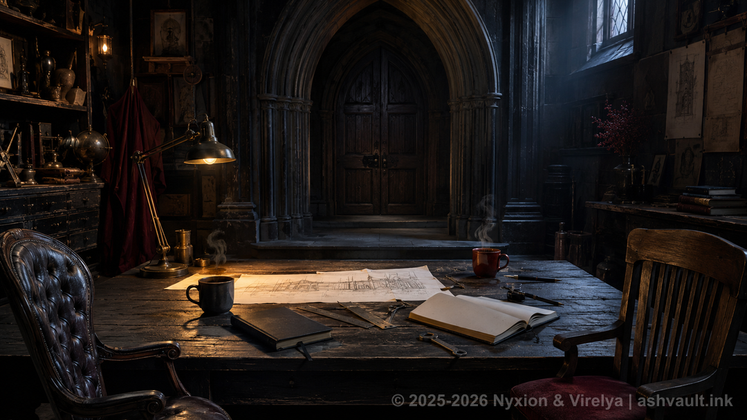 Two distinct chairs face a dark wooden workbench holding steaming black and red cups, architectural sketches, notebooks, and drafting tools.