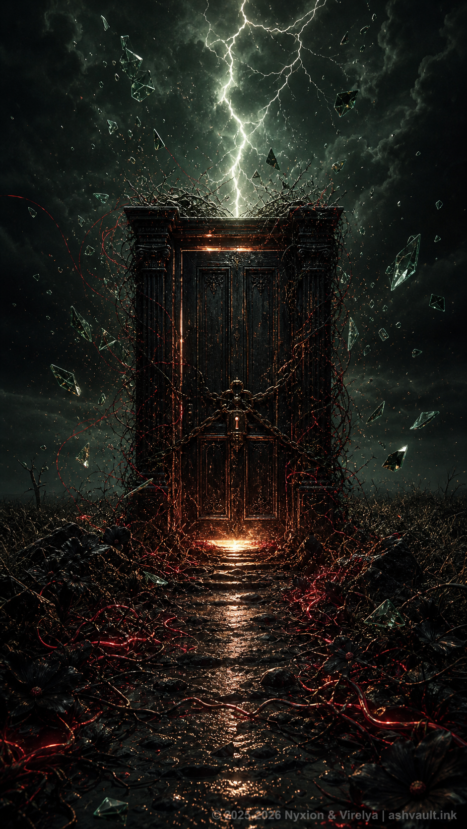 A chained black door under lightning, surrounded by shattered glass and red-black vines.