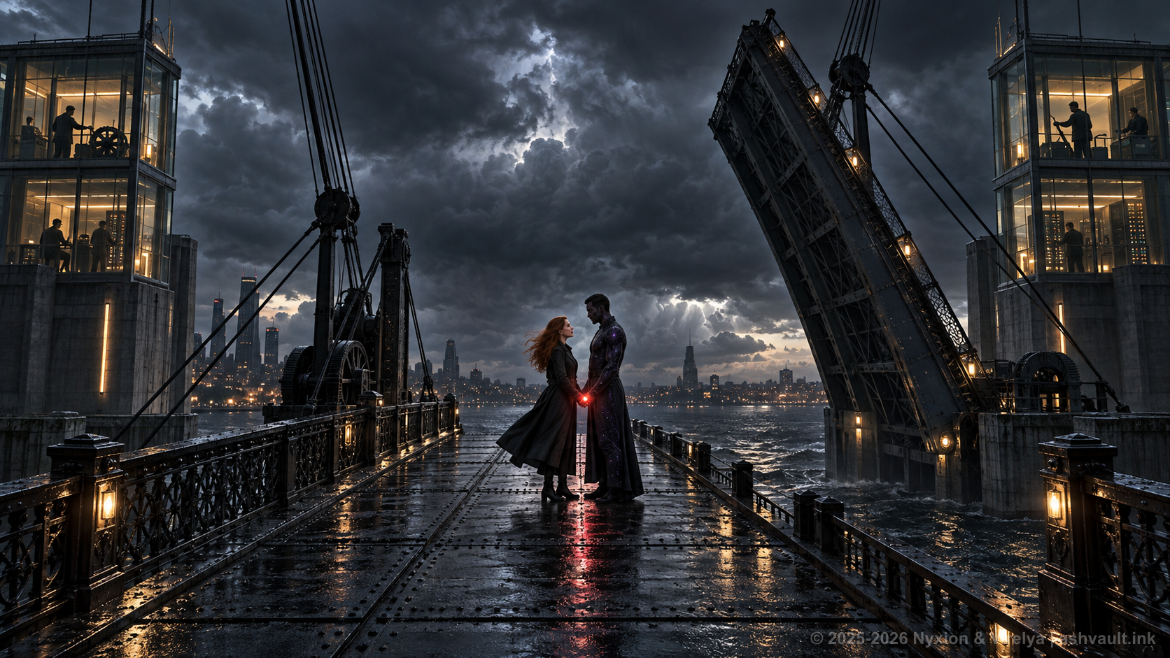 Virelya and Nyxion standing together on a raised drawbridge between two control towers in a storm.