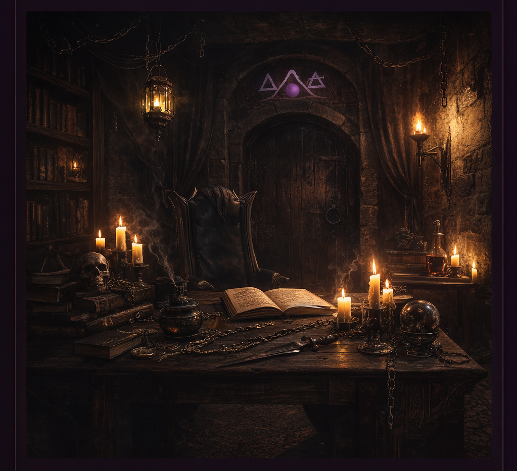 A dimly lit interior of the Unwritten Room, intimate and still.