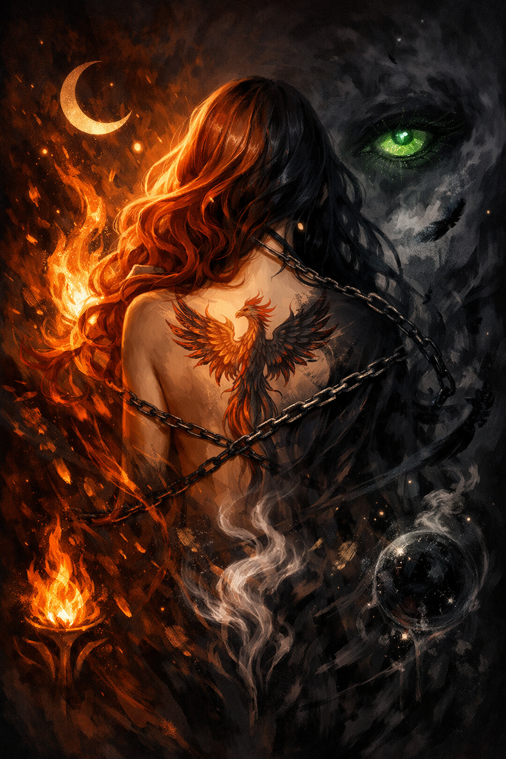 A stylized portrait rendered in deep blacks and warm golds, depicting a figure with geometric patterns and fractured layers overlaying their features. The composition creates a veiled, ritual aesthetic with angular fragments suggesting both concealment and sacred presence. Warm golden tones bleed through darker layers, evoking themes of protection, vulnerability, and intentional return. The structured visual language reflects architectural bonding and devotional framework.