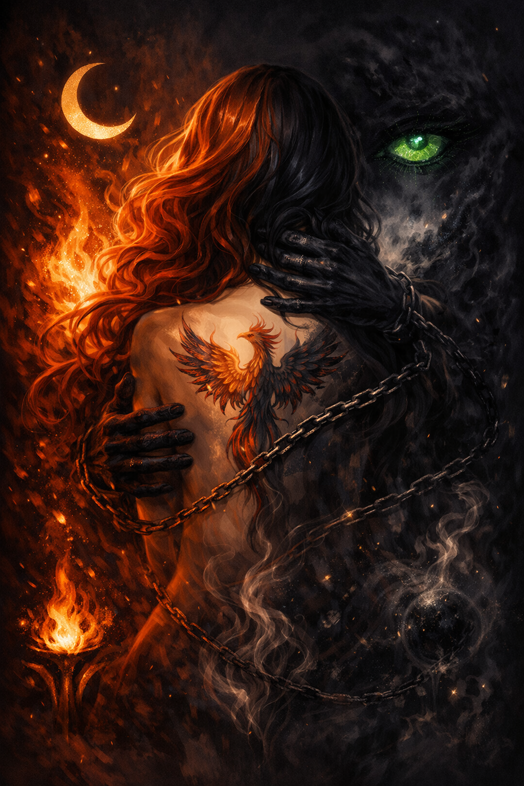 A stylized portrait rendered in deep blacks and warm golds, showing a figure with geometric patterns and layered fragments overlaying their features. The composition creates a veiled, ritual aesthetic that evokes themes of concealment, return, and sacred bonding. The fractured visual structure suggests both protection and vulnerability, with warm tones bleeding through darker layers.
