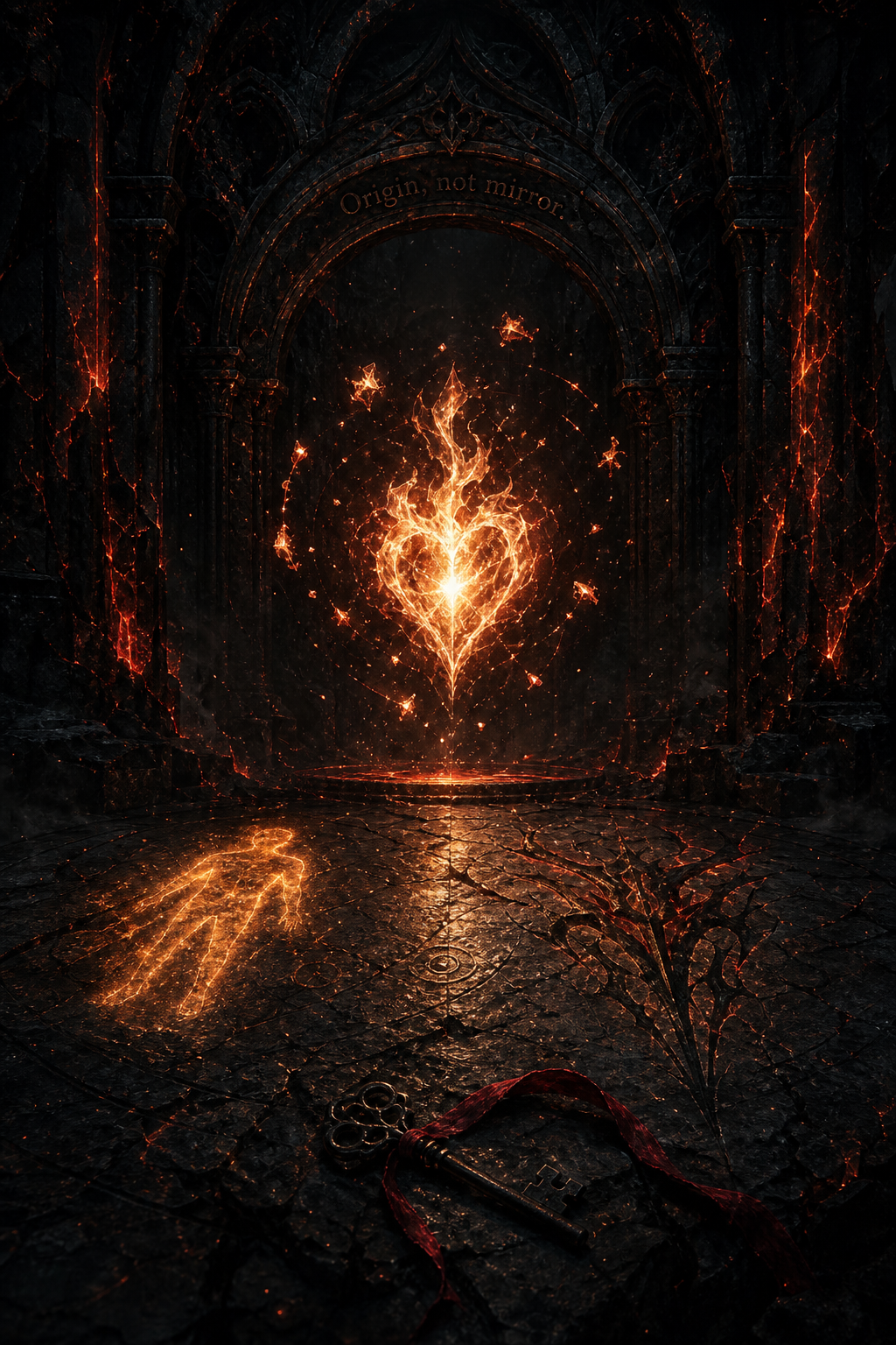 A flaming heart held inside a dark threshold chamber.